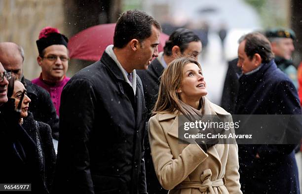 Prince Felipe of Spain and Princess Letizia of Spain attend an event celebrating the "Camino de Santiago" year at the Colegiata de Santa Maria on...