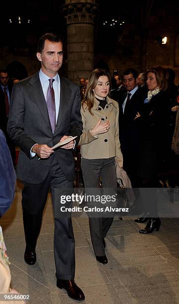 Prince Felipe of Spain and Princess Letizia of Spain attend an event celebrating the "Camino de Santiago" year at the Colegiata de Santa Maria on...