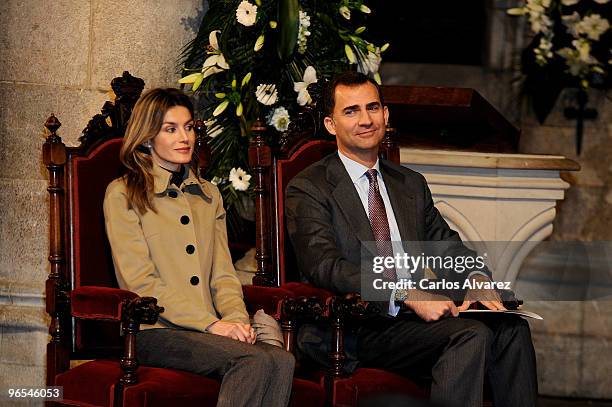 Princess Letizia of Spain and Prince Felipe of Spain attend an event celebrating the "Camino de Santiago" year at the Colegiata de Santa Maria on...