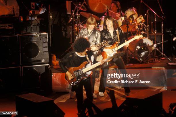 Thin Lizzy perform live on stage at the Ritz Theatre in New York in December 1980 L-R Phil Lynott, Snowy White, Scott Gorham
