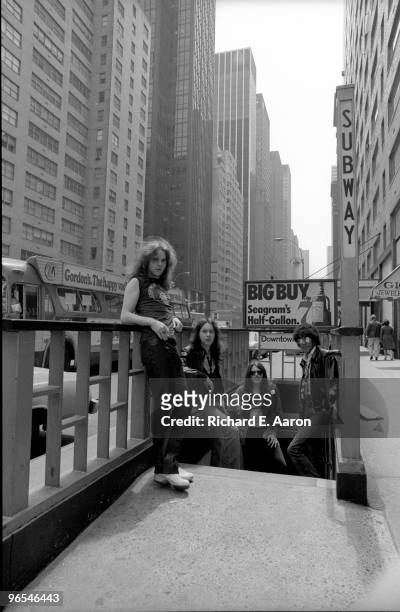 Thin Lizzy posed in New York City street in 1977 L-R Brian Robertson, Brian Downey, Scott Gorham, Phil Lynott