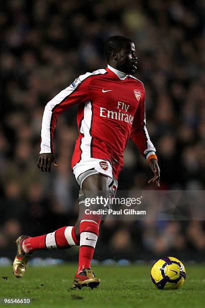 Emmanuel Eboue of Arsenal runs with the ball during the Barclays Premier League match between Chelsea and Arsenal at Stamford Bridge on February 7,...