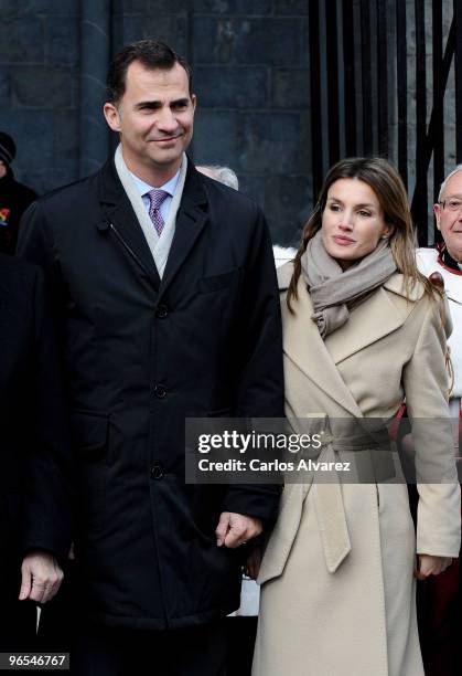 Prince Felipe and Princess Letizia of Spain visit Jaca Cathedral on February 9, 2010 in Jaca, Spain.