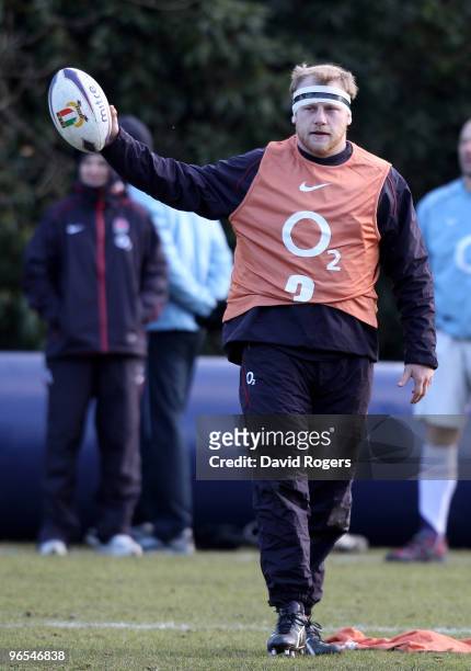 Dan Cole, the England prop, looks on during the England training session held at Pennyhill Park on February 10, 2010 in Bagshot, England.