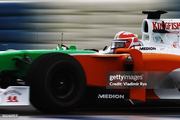 Vitantonio Liuzzi of Italy and Force India drives during winter testing at the at the Circuito De Jerez on February 10, 2010 in Jerez de la Frontera,...