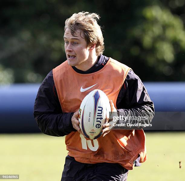 Mathew Tait runs with the ball during the England training session held at Pennyhill Park on February 10, 2010 in Bagshot, England.