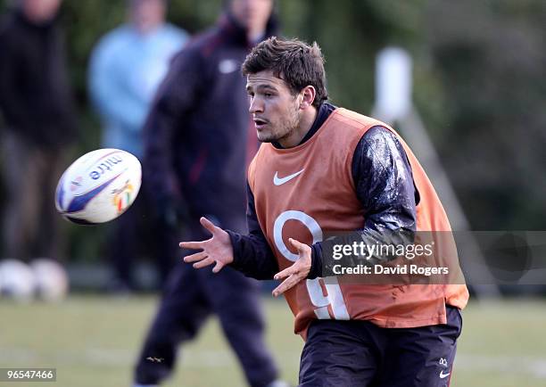 Danny Care cathces the ball during the England training session held at Pennyhill Park on February 10, 2010 in Bagshot, England.