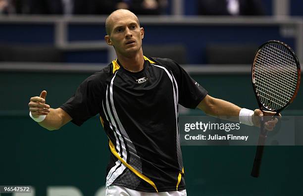 Nikolay Davydenko of Russia reacts in his match against Feliciano Lopez of Spain during day three of the ABN AMBRO World Tennis Tournament on...