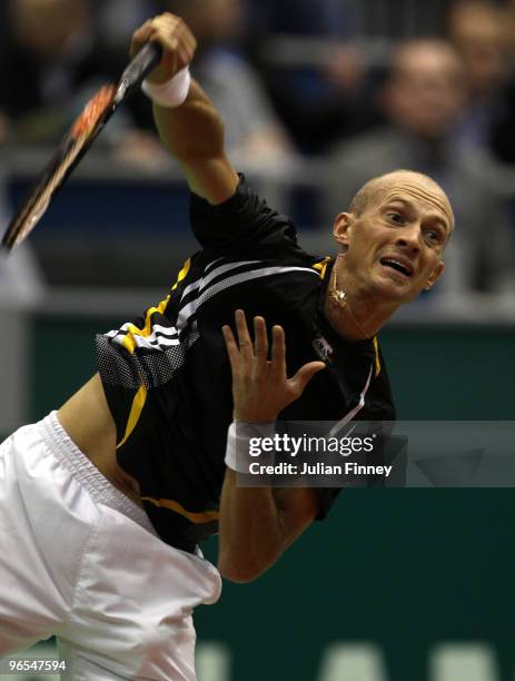 Nikolay Davydenko of Russia in action in his match against Feliciano Lopez of Spain during day three of the ABN AMBRO World Tennis Tournament on...