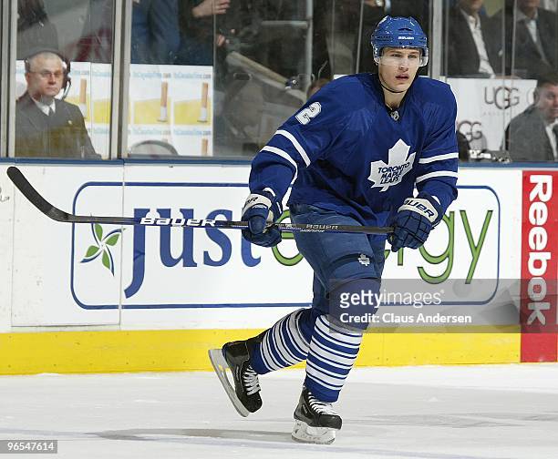 Luke Schenn of the Toronto Maple Leafs skates in a game against the San Jose Sharks on February 8, 2010 at the Air Canada Centre in Toronto, Ontario....