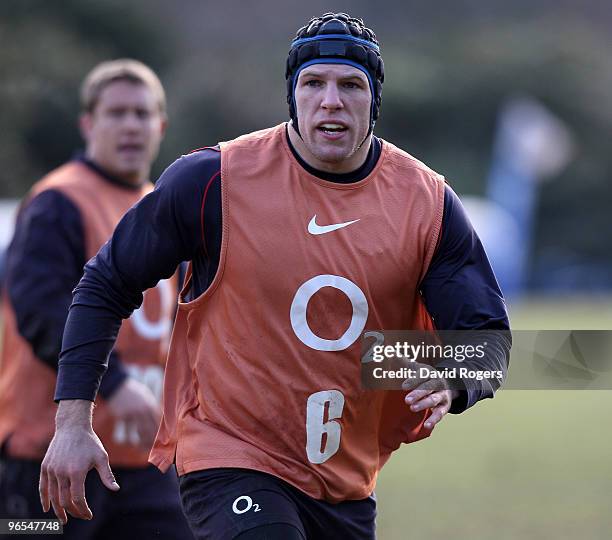 James Haskell looks on during the England training session held at Pennyhill Park on February 10, 2010 in Bagshot, England.