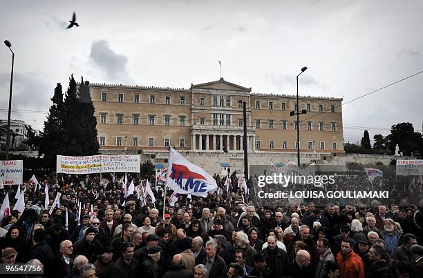 Demonstrators gather in front of the Greek Parliament in Athens on February 10, 2010 during a 24-hours strike in the public sector. Government...