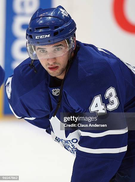 Nazem Kadri of the Toronto Maple Leafs skates in the warm-up prior to a game against the San Jose Sharks on February 8, 2010 at the Air Canada Centre...