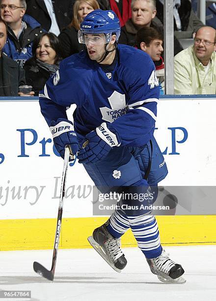 Nazem Kadri of the Toronto Maple Leafs skates in a game against the San Jose Sharks on February 8, 2010 at the Air Canada Centre in Toronto, Ontario....