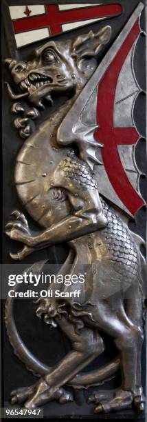 Sculpture of a dragon, taken from the City of London coat of arms, is seen at the entrance to the Bank tube station in the financial district on...