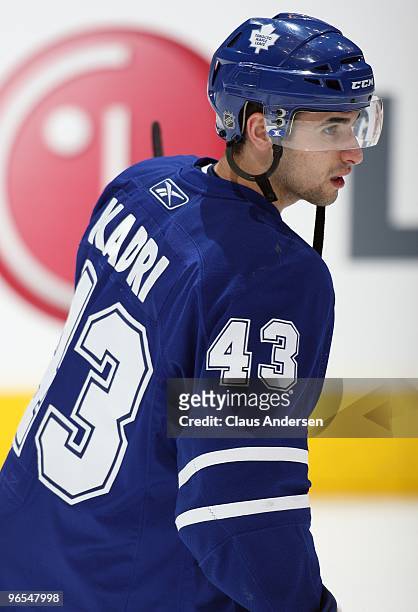Nazem Kadri of the Toronto Maple Leafs skates in the warm-up prior to a game against the San Jose Sharks on February 8, 2010 at the Air Canada Centre...