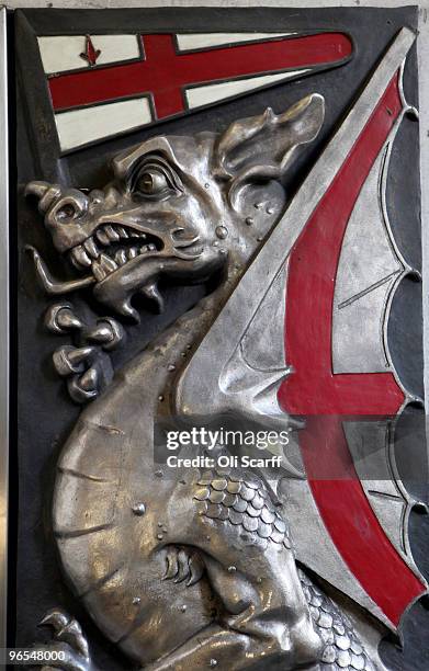 Sculpture of a dragon, taken from the City of London coat of arms, is seen at the entrance to the Bank tube station in the financial district on...