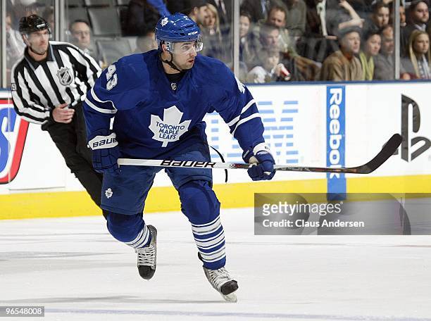 Nazem Kadri of the Toronto Maple Leafs skates in a game against the San Jose Sharks on February 8, 2010 at the Air Canada Centre in Toronto, Ontario....