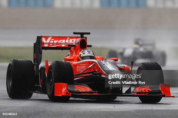 Timo Glock of Germany and Virgin GP drives during winter testing at the at the Circuito De Jerez on February 10, 2010 in Jerez de la Frontera, Spain.