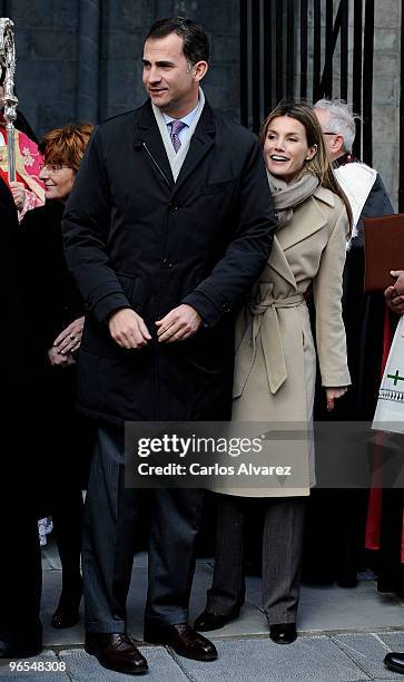 Prince Felipe and Princess Letizia of Spain visit Jaca Cathedral on February 9, 2010 in Jaca, Spain.