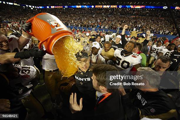 Super Bowl XLIV: New Orleans Saints coach Sean Payton victorious getting Gatorade shower while winning game vs Indianapolis Colts. Miami, FL 2/7/2010...