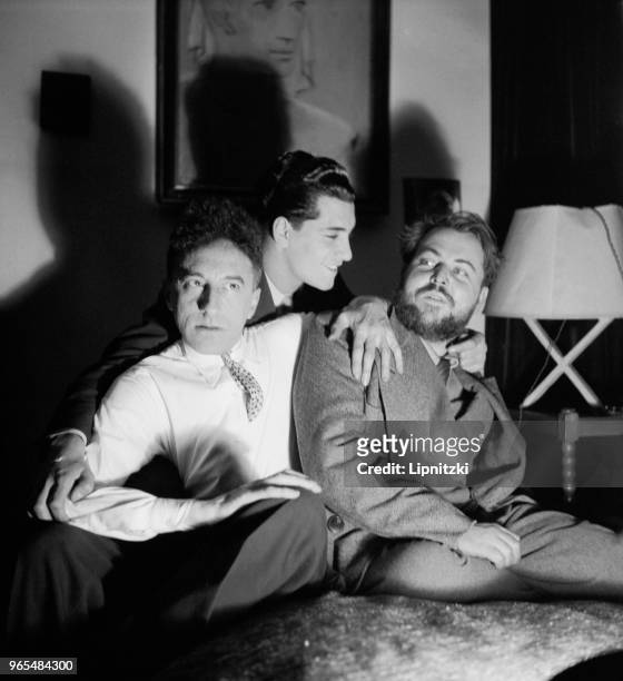 Christian Bérard , French painter and stage designer, Marcel Khill and Jean Cocteau , French writer . Paris, 1938.