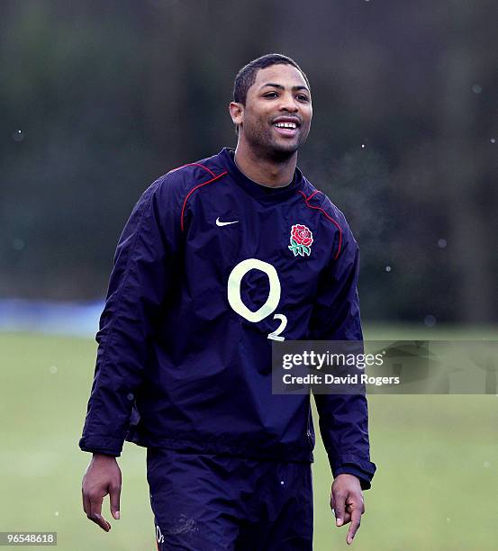 Delon Armitage looks on during an England training session at Pennyhill Park on February 10, 2010 in Bagshot, England.