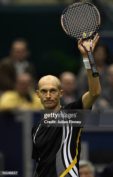 Nikolay Davydenko of Russia celebrates defeating Feliciano Lopez of Spain during day three of the ABN AMBRO World Tennis Tournament on February 10,...