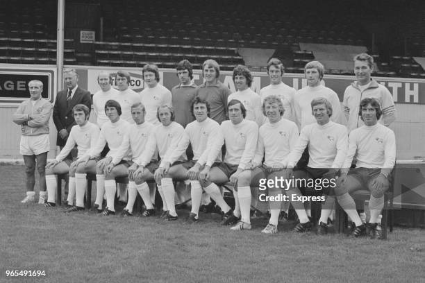 Derby County Football Club team squad posed together on the pitch at The Baseball Ground in Derby at the start of the 1973-74 football season on 15th...