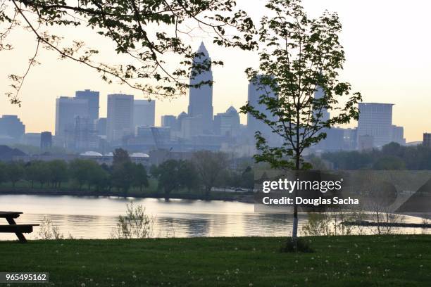 morning mist over the cleveland skyline from edgewater park - cleveland ohio flats stock pictures, royalty-free photos & images