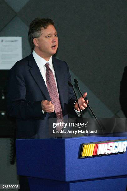 Chairman and CEO Brian France speaks on stage during the 2010 Driver For Diversity Class Introduction at the Daytona 500 Experience IMAX Theater on...