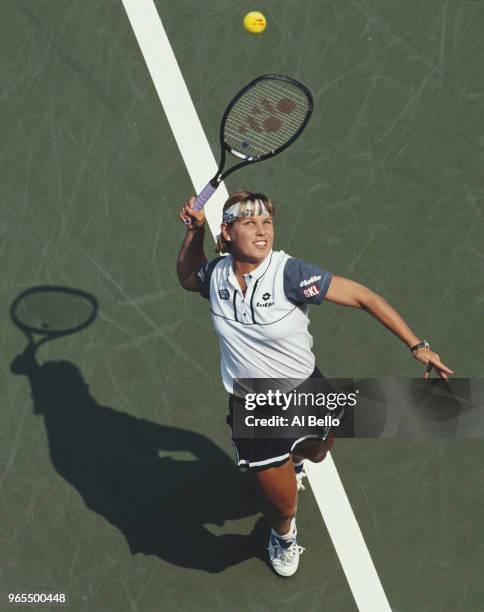 Anke Huber of Germany serves to Janet Lee during their Women's Singles Second Round match of the US Open Tennis Championship on 27 August 1997 at the...
