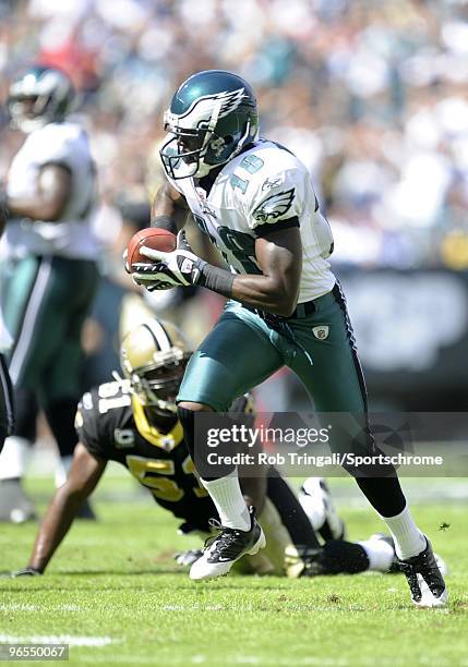 Jeremy Maclin of the Philadelphia Eagles runs with the ball against the New Orleans Saints at Lincoln Financial Field in Philadelphia, Pennsylvania...