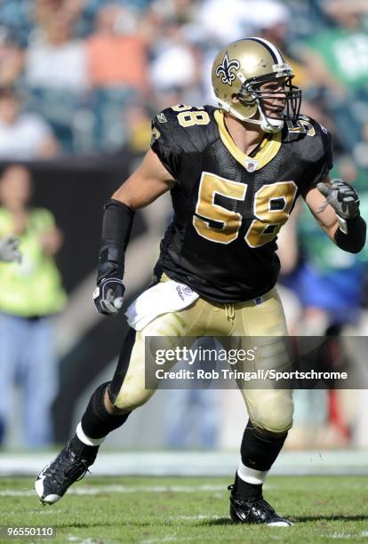 Scott Shanle of the New Orleans Saints defends against the Philadelphia Eagles at Lincoln Financial Field in Philadelphia, Pennsylvania on September...