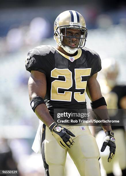 Reggie Bush of the New Orleans Saints looks on before the game against the Philadelphia Eagles at Lincoln Financial Field in Philadelphia,...