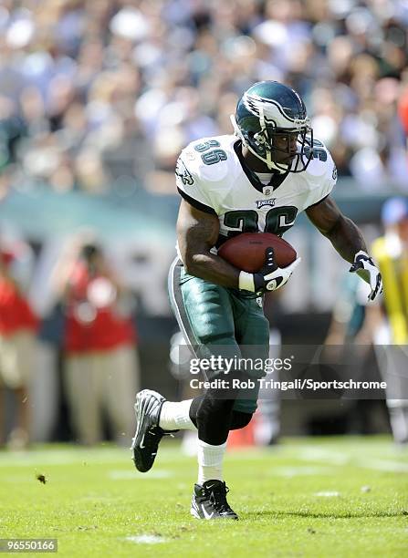 Brian Westbrook of the Philadelphia Eagles rushes against the New Orleans Saints at Lincoln Financial Field in Philadelphia, Pennsylvania on...