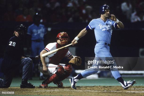 George Brett of the Kansas City Royals bats during Game 5 of the1985 World Series against the St. Louis Cardinals at Busch Stadium on October 24,...