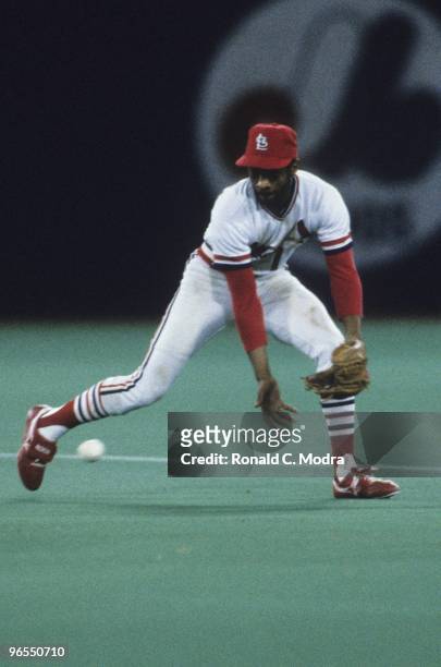 Ozzie Smith of the St. Louis Cardinals fields a ball during Game 5 of the 1985 World Series at Busch Stadium on October 24, 1985 in St. Louis ,...