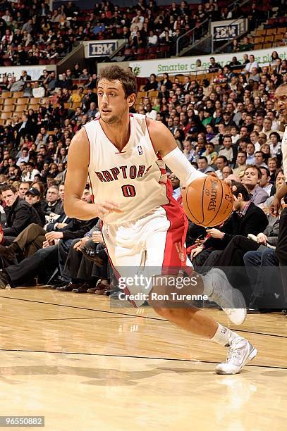 Marco Belinelli of the Toronto Raptors drives against the New Jersey Nets during the game on February 3, 2010 at Air Canada Centre in Toronto,...