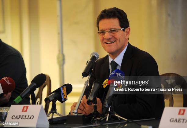 Fabio Capello holds a press conference about sporting management in Italy Spain and England at the Palazzo Sanvitale on February 10, 2010 in Parma,...