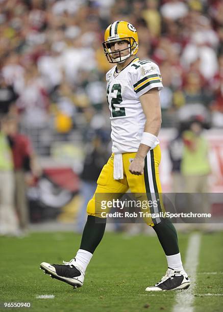 Aaron Rodgers of the Green Bay Packers looks on against the Arizona Cardinals in the NFC wild-card playoff game at University of Phoenix Stadium on...