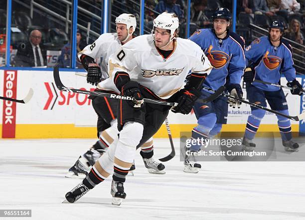 Troy Bodie of the Anaheim Ducks skates against the Atlanta Thrashers at Philips Arena on January 26, 2010 in Atlanta, Georgia.