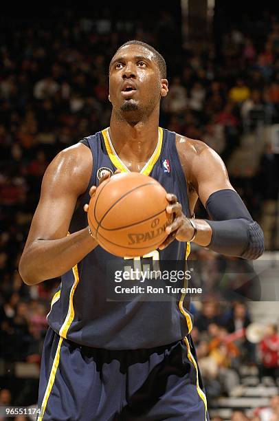 Roy Hibbert of the Indiana Pacers shoots a free throw against the Toronto Raptors during the game on January 31, 2010 at Air Canada Centre in...