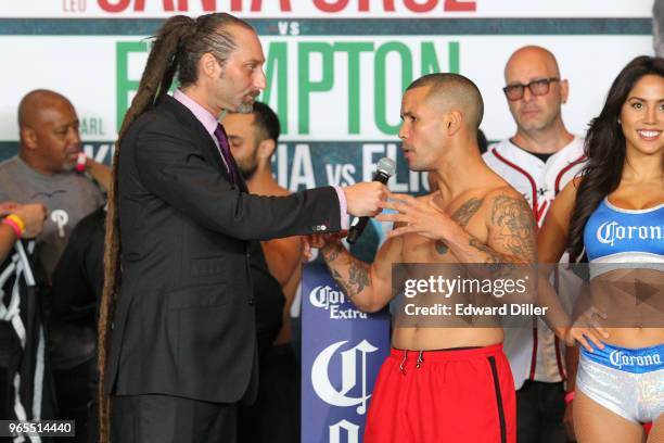 Gabriel Bracero answers questions from ring announcer David Diamante prior to his upcoming fight against Paul Malignaggi at Barclays Center in the...