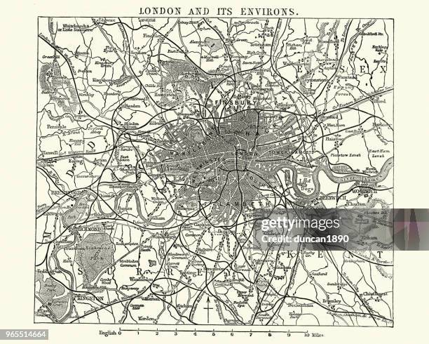 karte des viktorianischen london und seine umgebung, england, der 1870er jahre - london und umgebung stock-grafiken, -clipart, -cartoons und -symbole