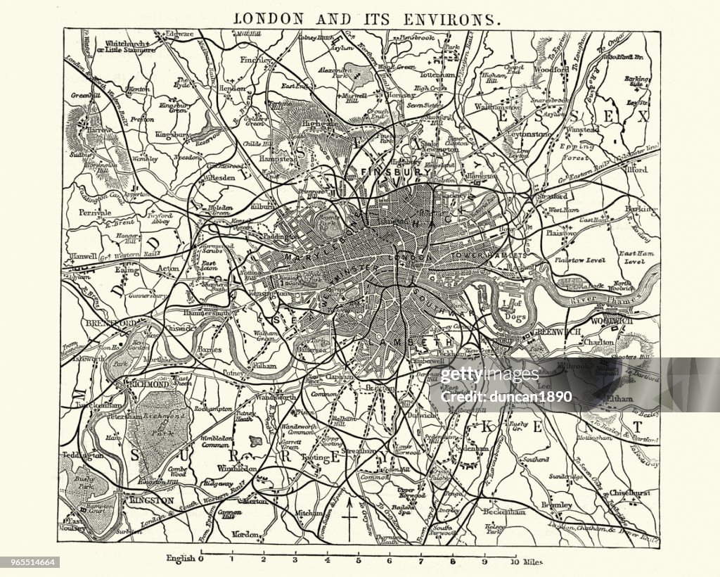 Map of Victorian London and its environs, England, 1870s