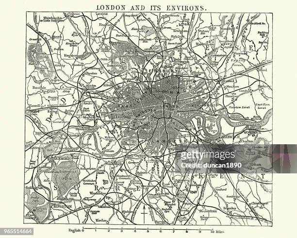 map of victorian london and its environs, england, 1870s - greater london stock illustrations