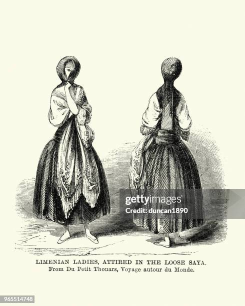 fashion, ladies of lima, attired in the loose saya, 19th century - peruvian culture stock illustrations