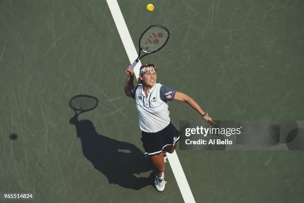 Anke Huber of Germany serves to Janet Lee during their Women's Singles Second Round match of the US Open Tennis Championship on 27 August 1997 at the...