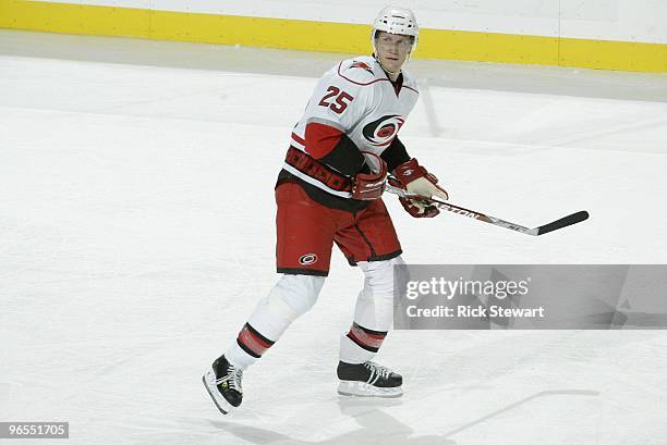 Joni Pitkanen of the Carolina Hurricanes skates during the game against the Buffalo Sabres at HSBC Arena on February 5, 2010 in Buffalo, New York.